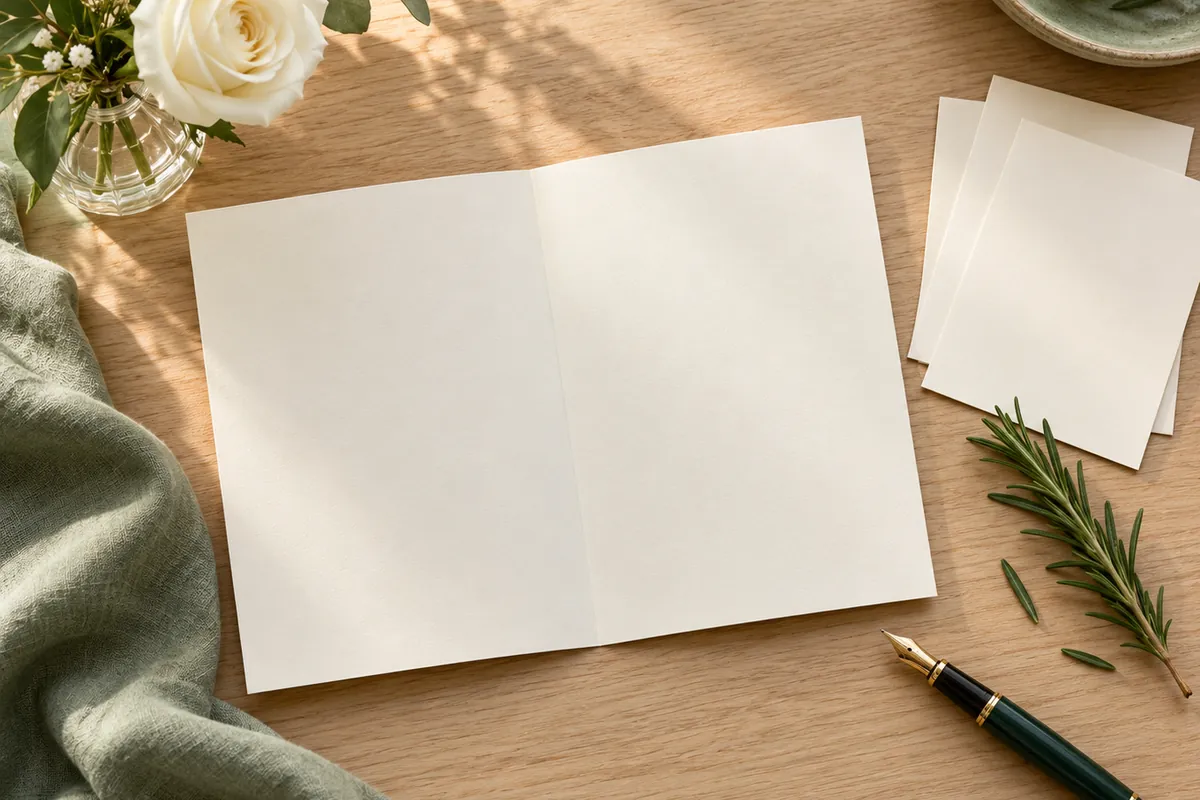 Blank folded cream program on an oak desk with a fountain pen, rosemary sprig and a white rose
