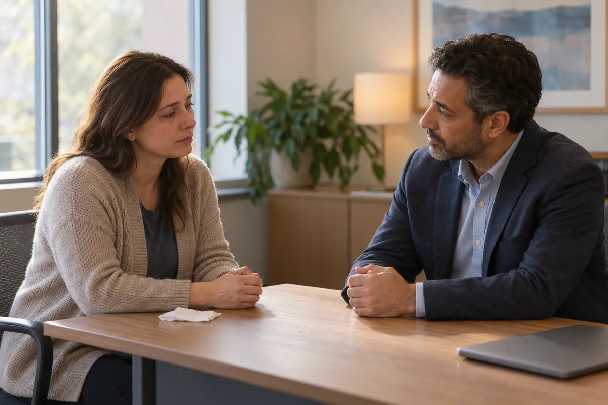 Somber woman in a cardigan with a tissue talking with a man in a navy blazer across an office desk