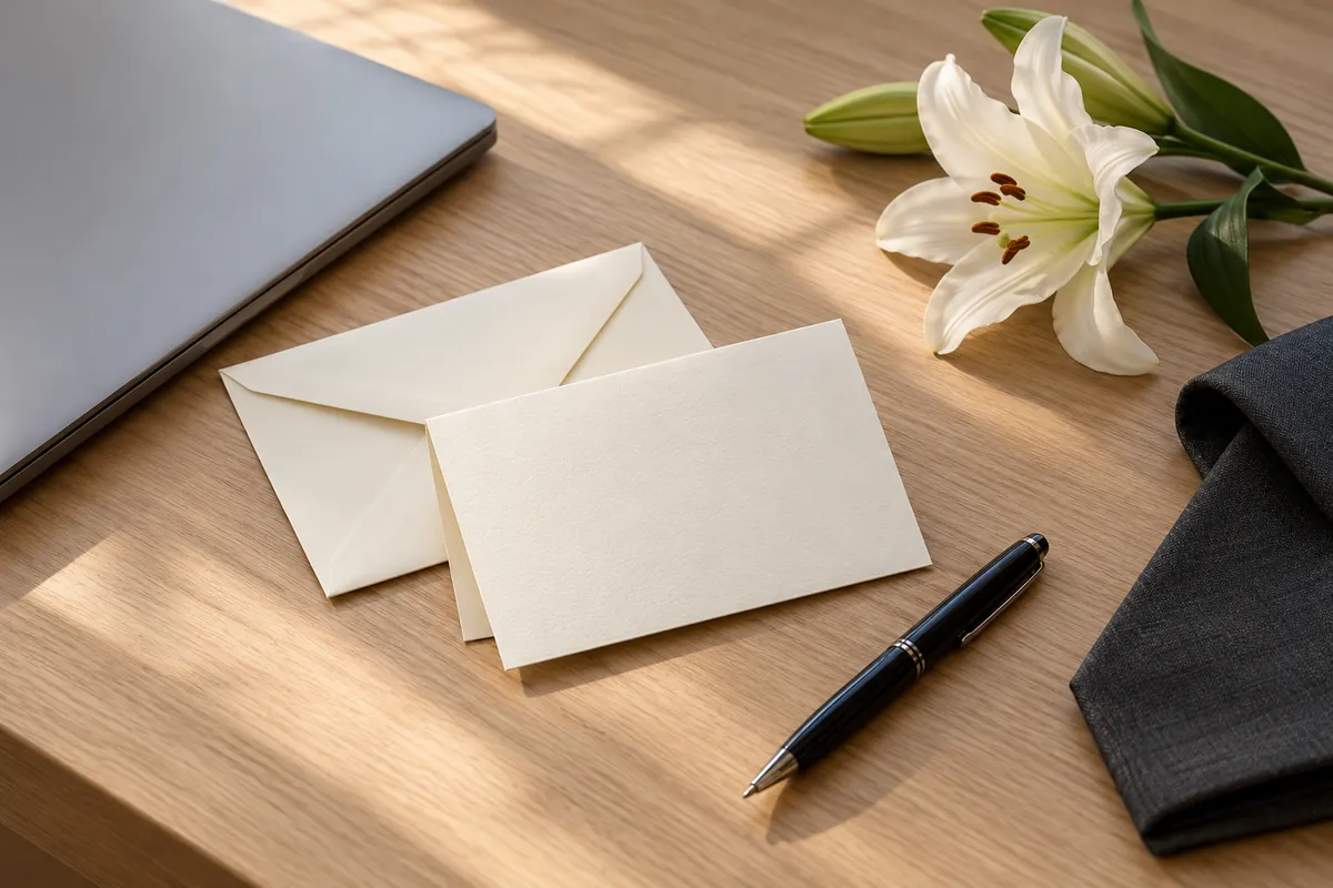 Blank cream card and envelope with a black pen, white lily, closed laptop and folded dark cloth on a wooden desk