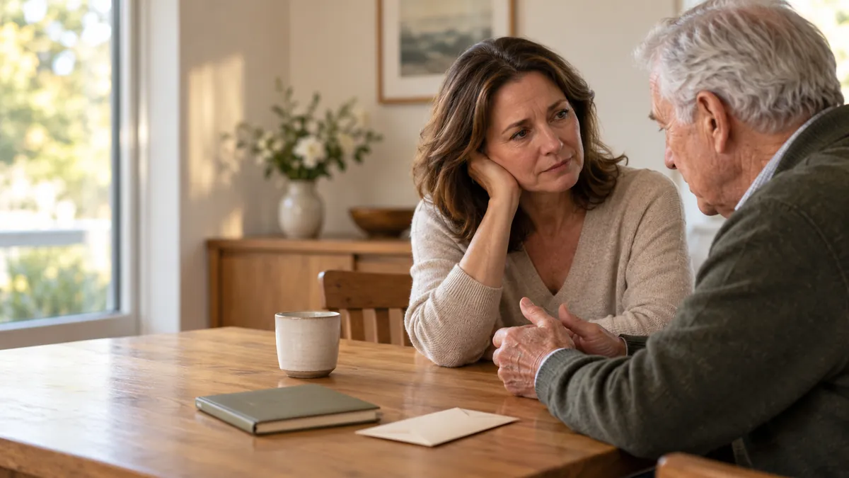 Woman resting her cheek on her hand as an older man talks with her at a wooden table with a mug and notebook