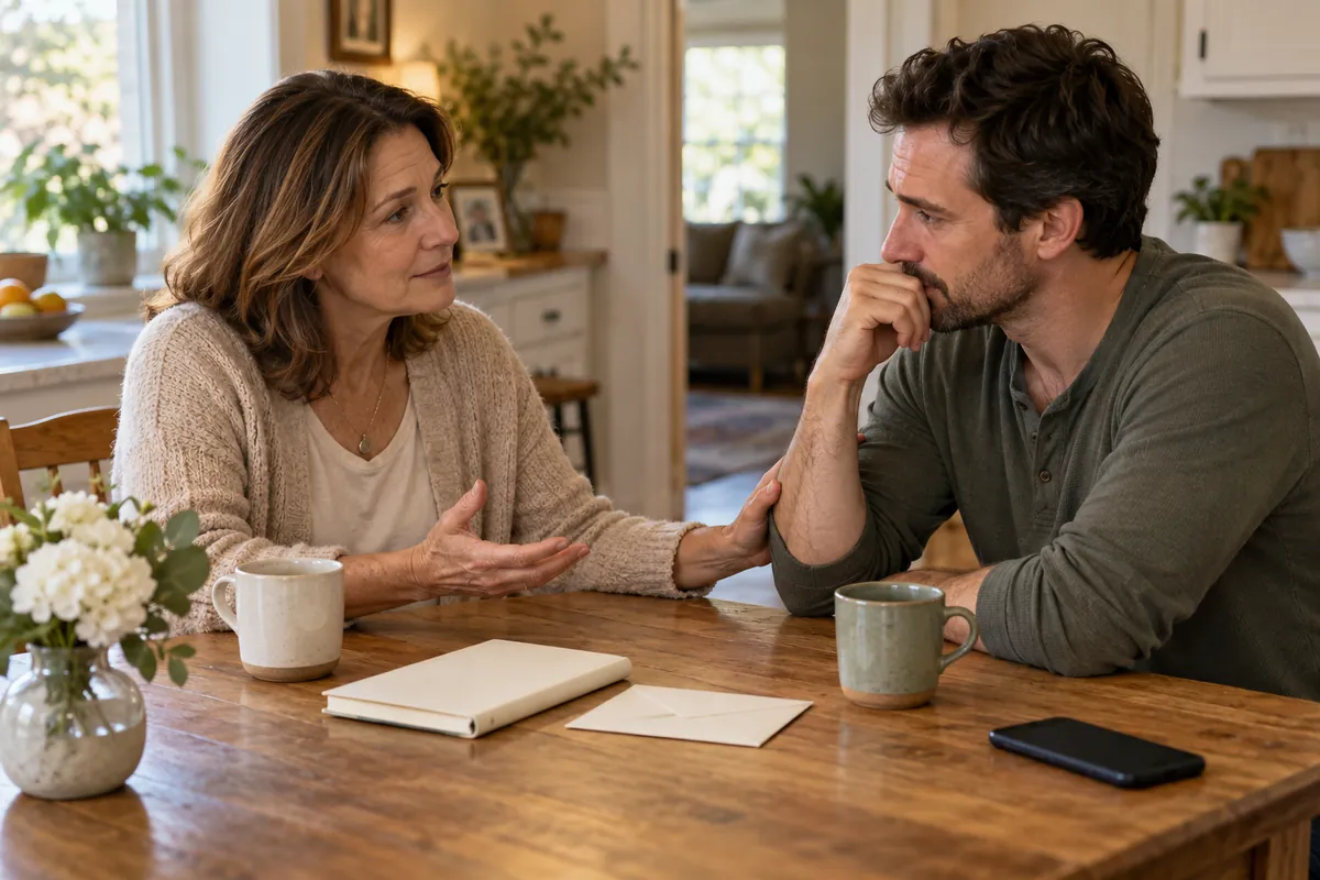 Woman gently touching a pensive man's arm across a kitchen table with mugs, a notebook, an envelope and white flowers