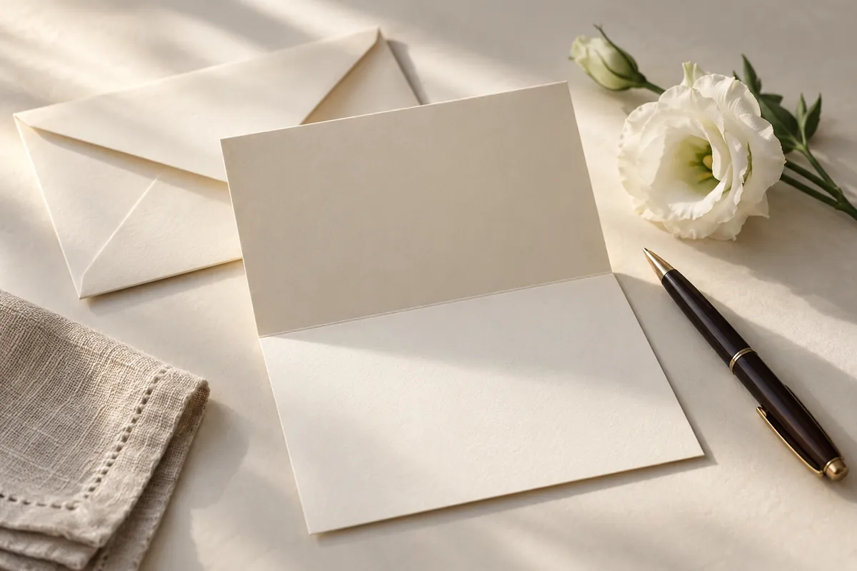 Blank cream card and envelope with a fountain pen, white flower and folded linen napkin on a table