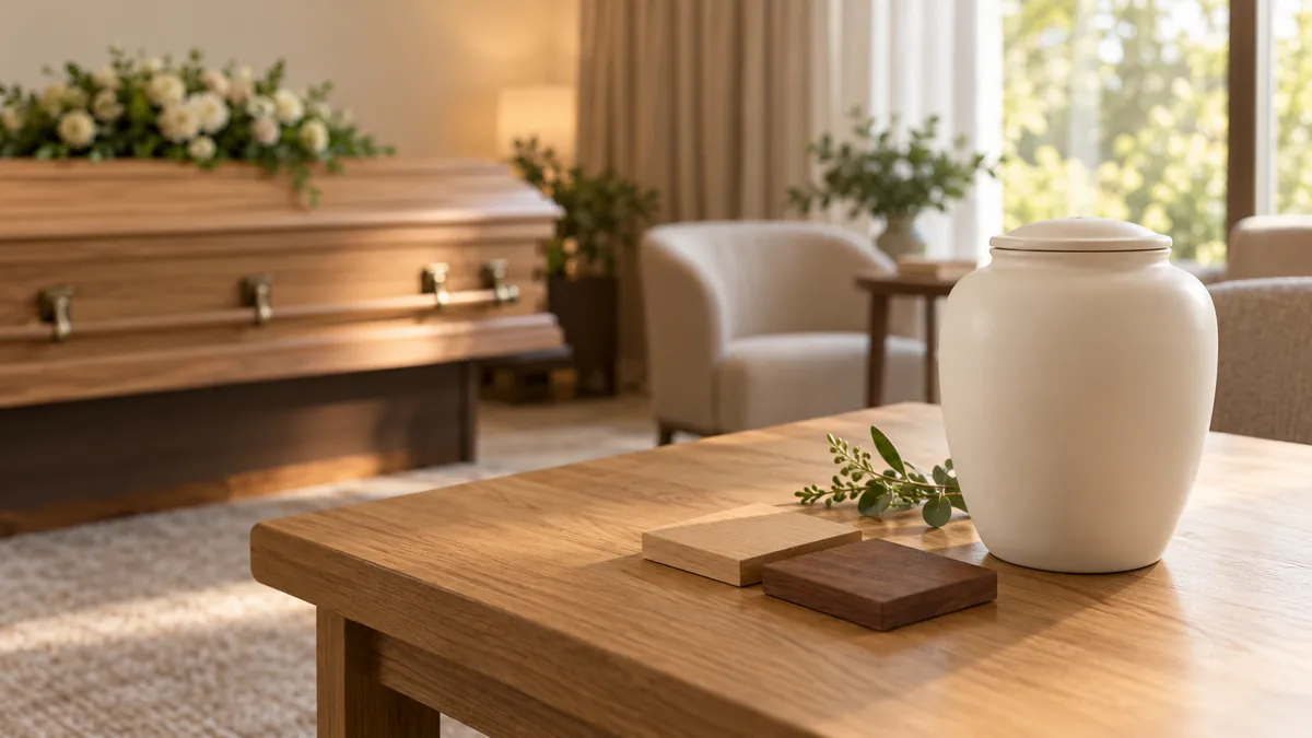 White ceramic urn and two wood samples on a table, with a flower-topped wooden casket in a sunlit room behind