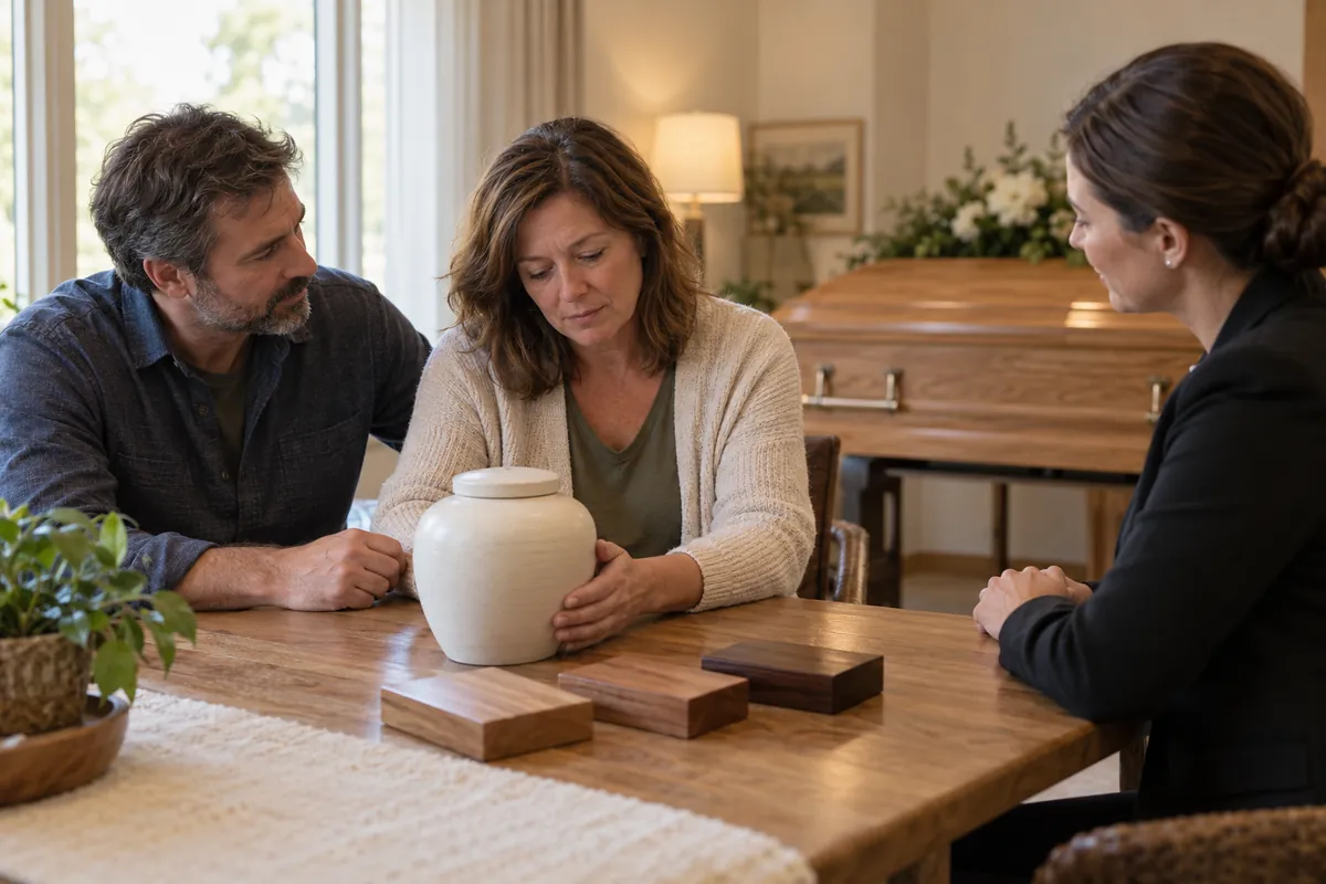 Couple holding a white ceramic urn at a wooden table with a woman in black, wooden casket behind them