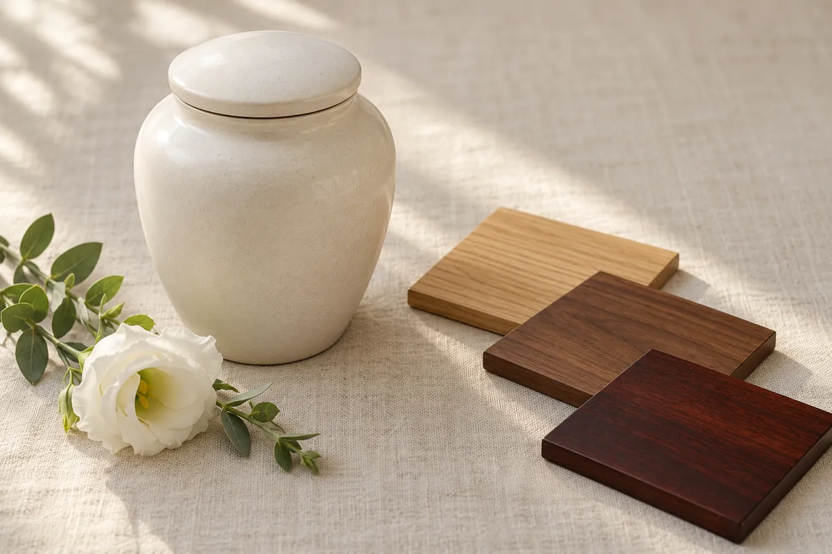 Cream ceramic urn beside three wood finish samples and a white flower on a linen cloth in soft sunlight