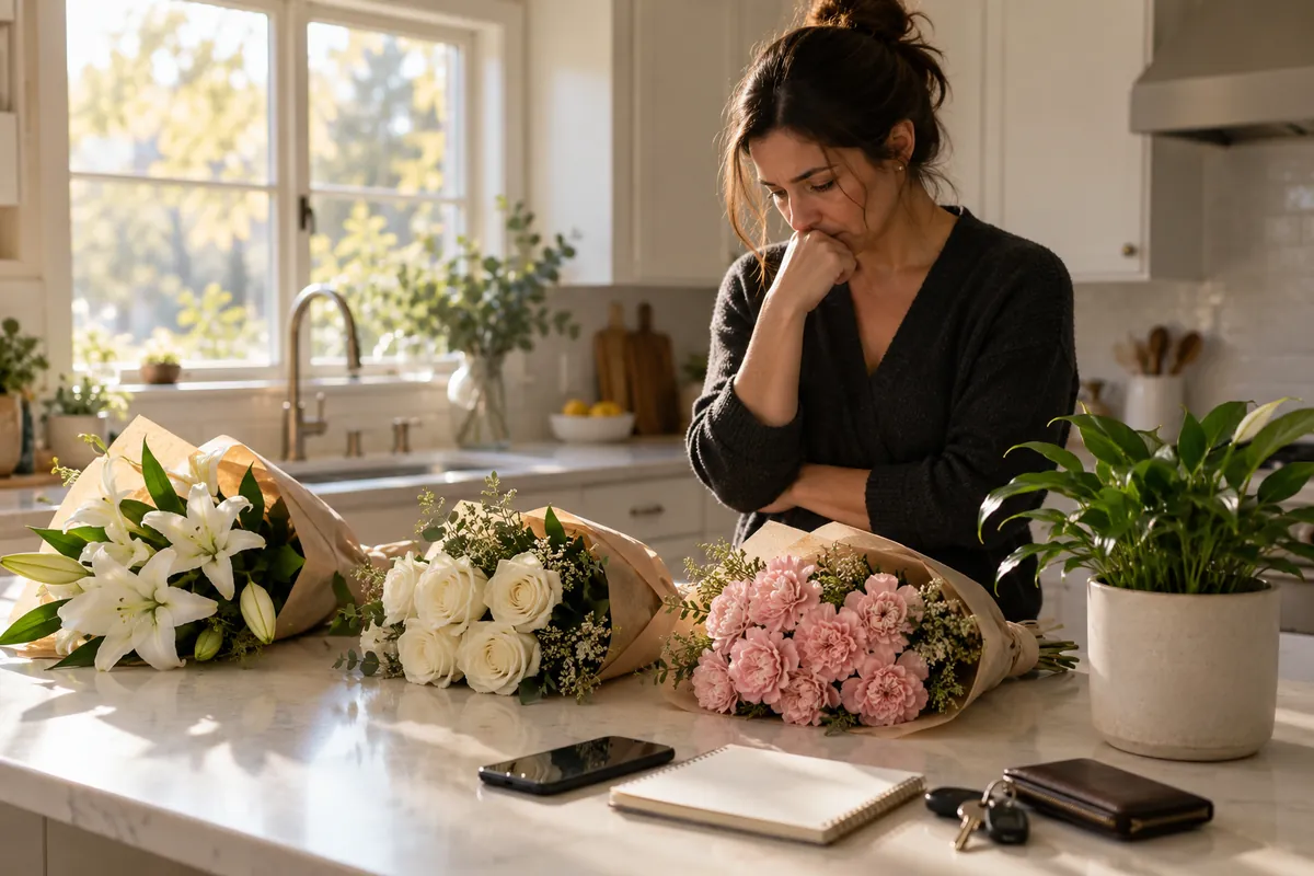 Woman with hand at her chin looking down at three wrapped bouquets of lilies, roses and carnations on a kitchen counter