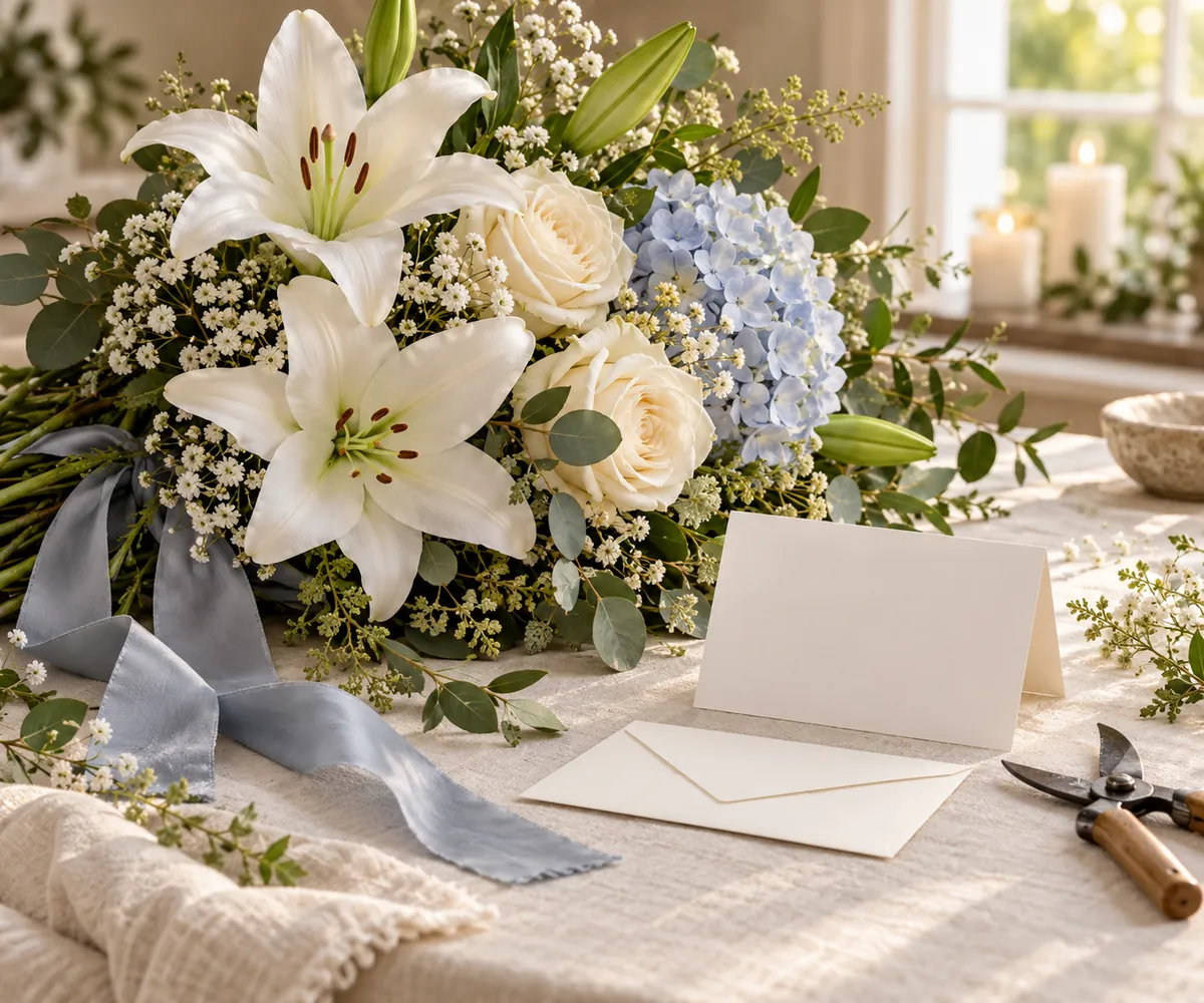 White lilies, cream roses and blue hydrangea bouquet with a gray ribbon, blank card and pruning shears on a table