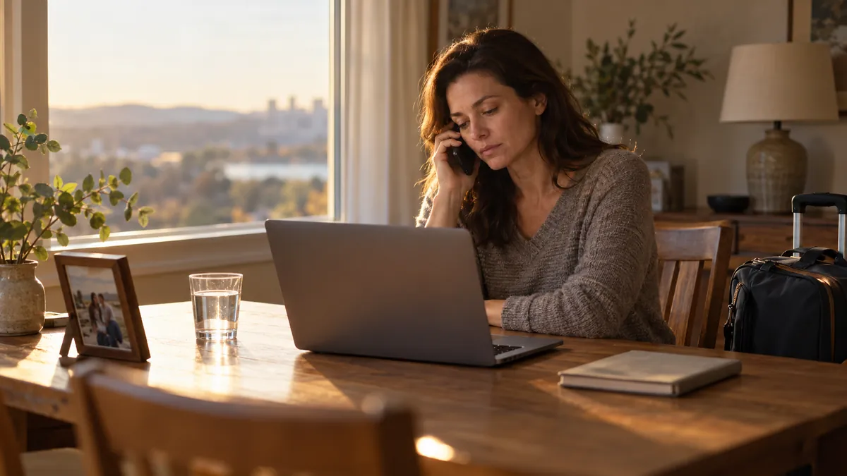 Woman on a phone call at a wooden table with a laptop, framed photo, glass of water and packed suitcase nearby