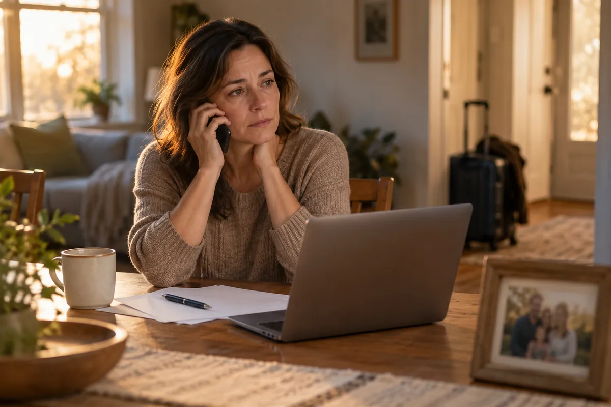 Woman on a phone call at a table with a laptop, papers and a framed family photo, packed suitcase behind her