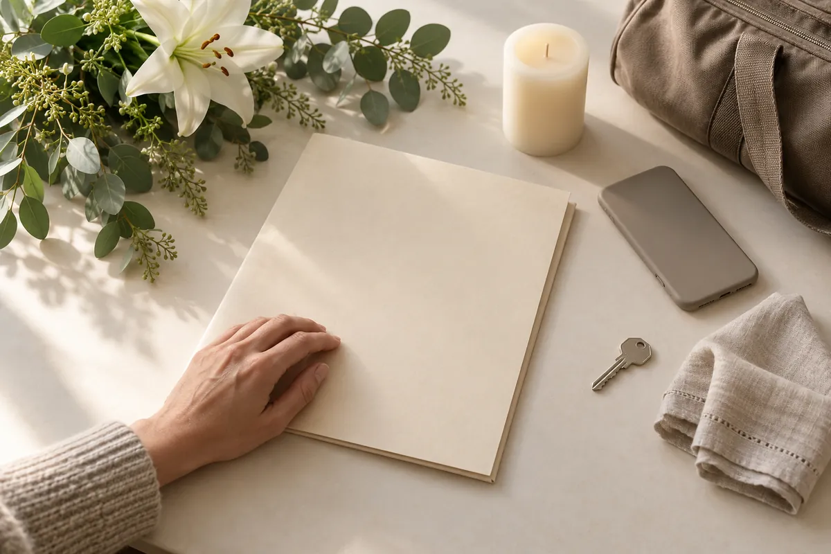 Hand resting on a blank folder beside a white lily, candle, phone, key, linen cloth and canvas bag