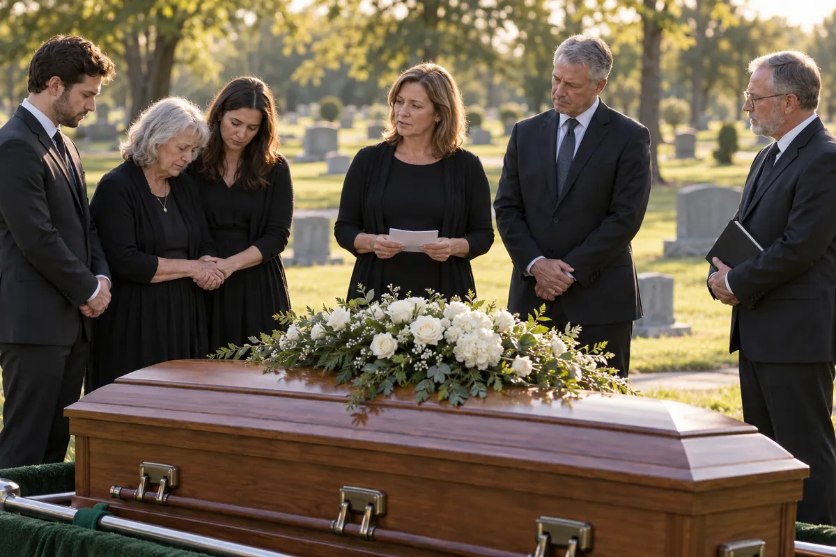 Six mourners in black stand behind a wooden casket topped with white flowers in a sunlit cemetery
