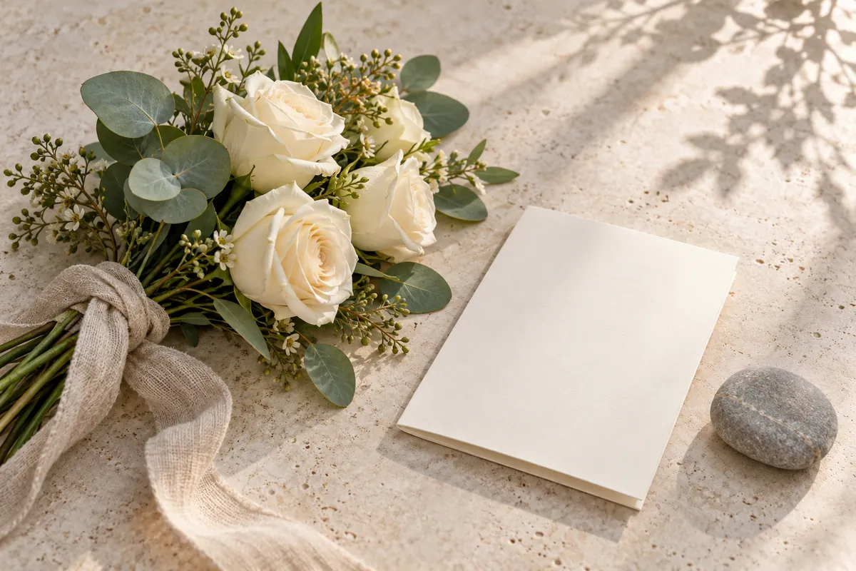 Cream roses and eucalyptus tied with linen ribbon beside a blank folded card and a gray stone on travertine
