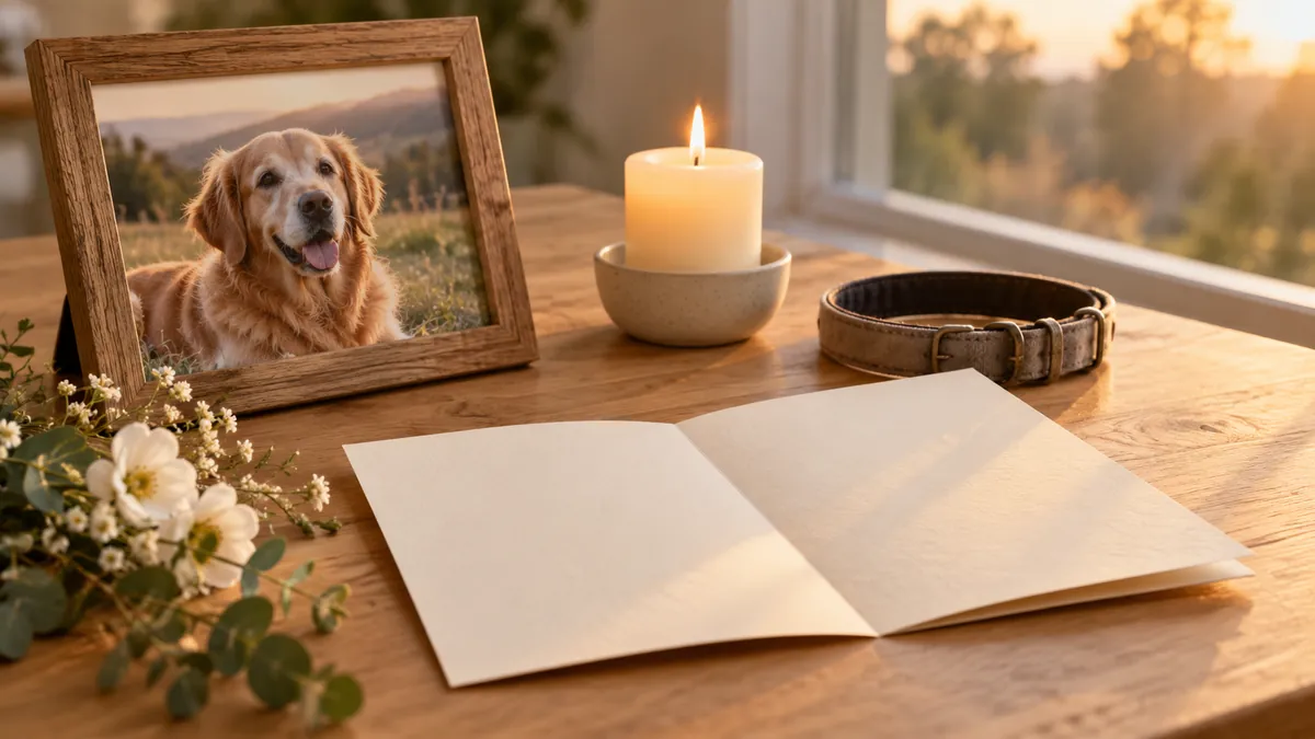 Framed golden retriever portrait, lit candle, leather collar and blank folded card on a wooden table with white flowers