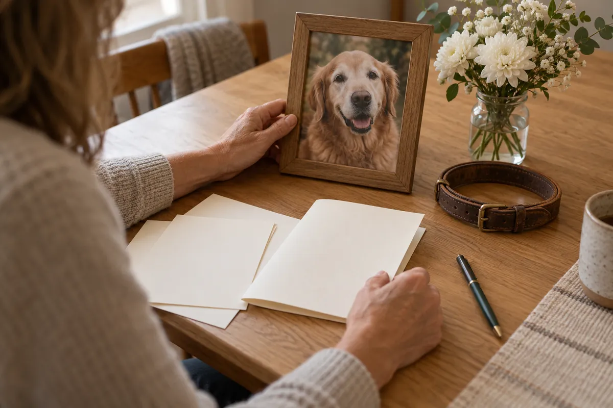 Person at a wooden table with a framed golden retriever photo, blank cards, a leather collar and white flowers