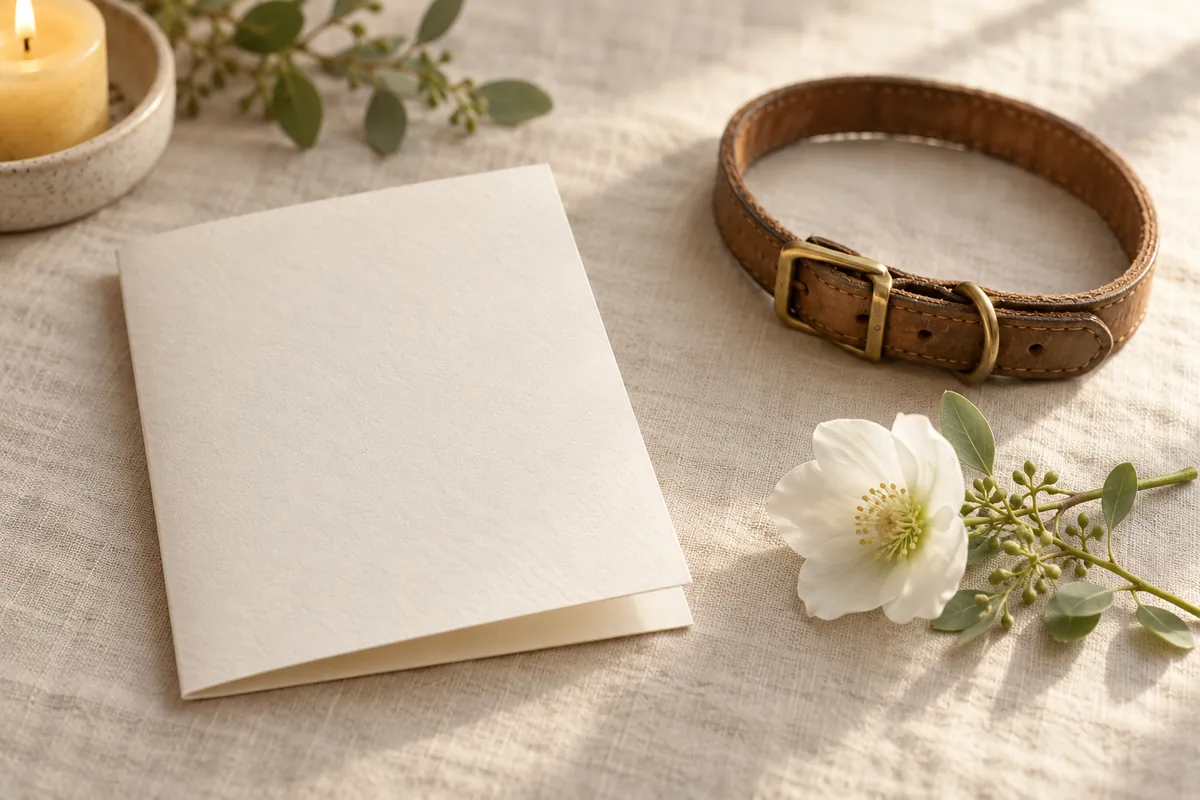 Blank folded cream card beside a brown leather dog collar, a white flower, eucalyptus sprigs and a lit candle on linen