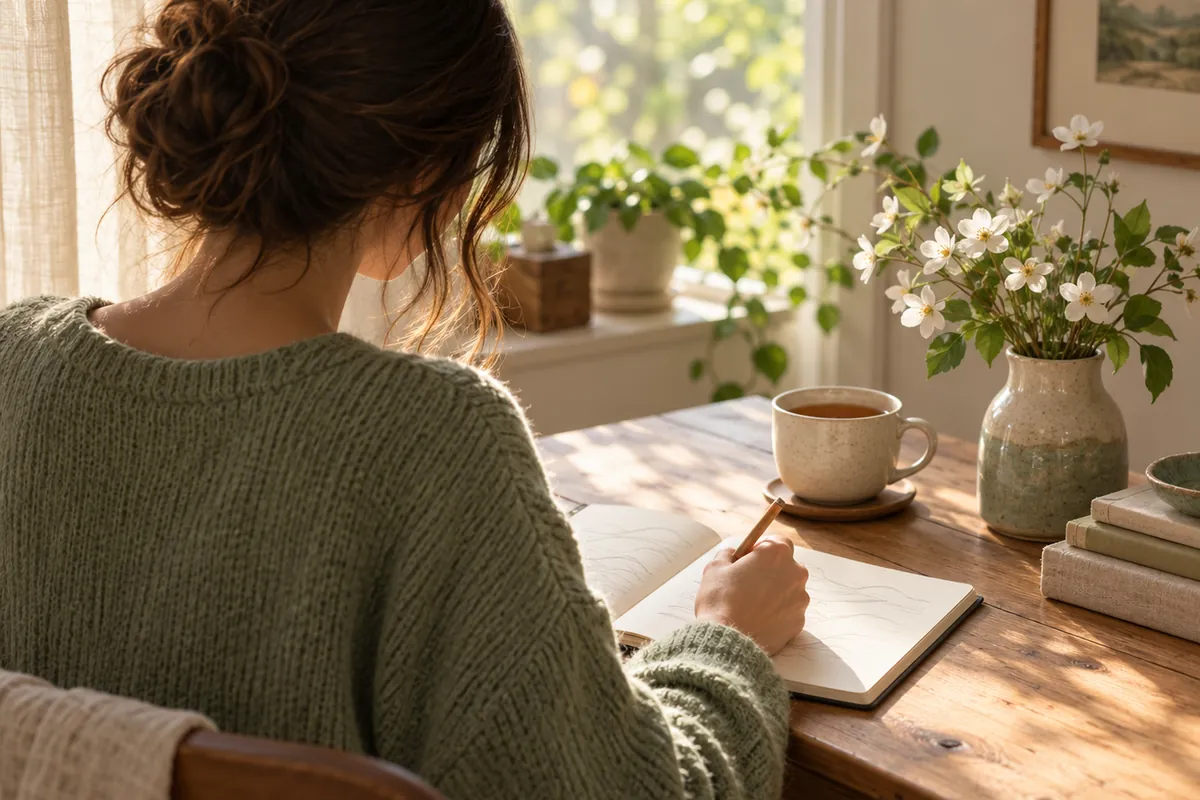 Person in a green sweater seen from behind, writing in a notebook at a sunny desk with tea and white flowers