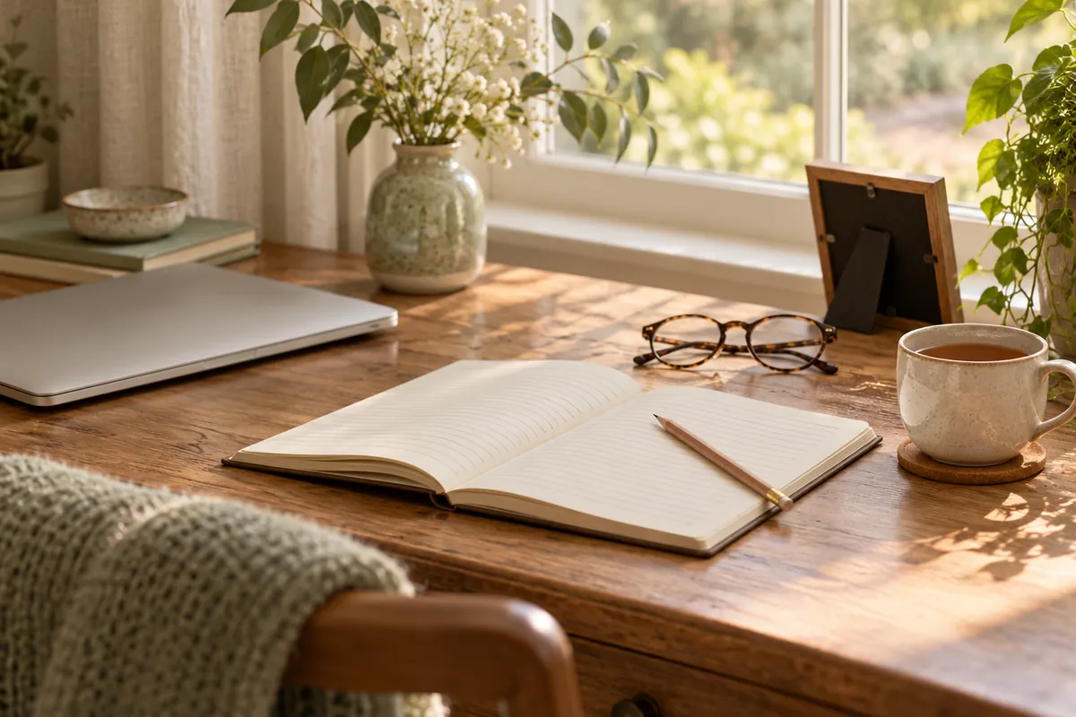 Open ruled notebook and pencil on a wooden desk with reading glasses, tea and a closed laptop by a window