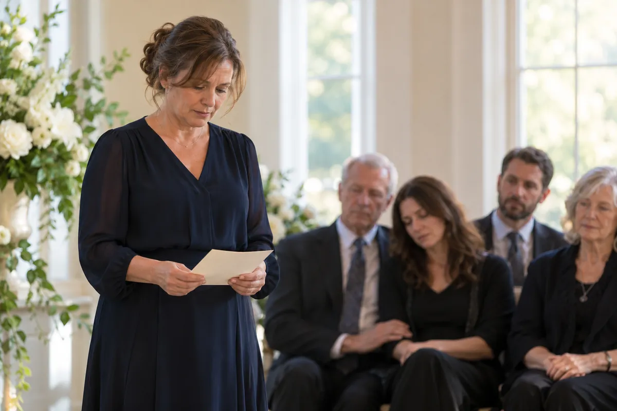 Woman in a navy dress reading from a card beside white flowers while mourners in dark clothing sit behind her