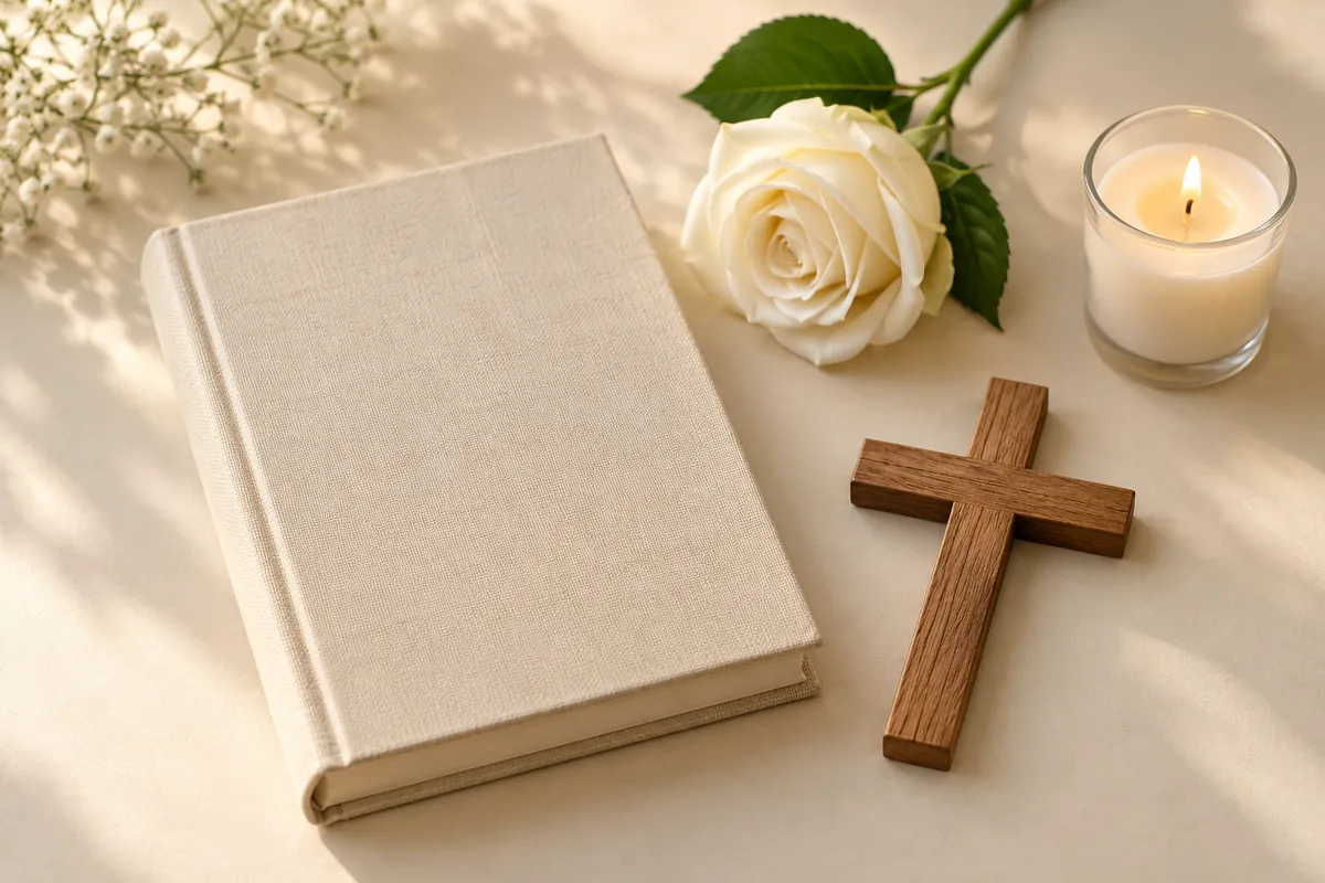Linen-covered book, white rose, wooden cross and lit candle on a cream surface with baby's breath