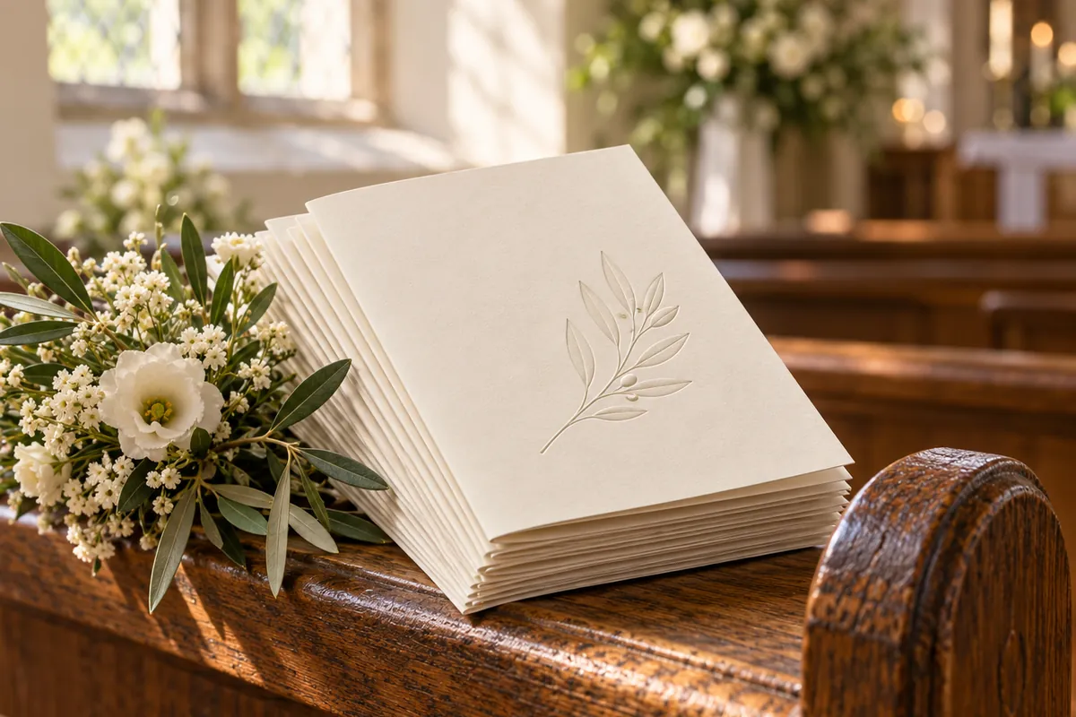 Stack of cream booklets with an embossed olive leaf on a wooden church pew beside a white flower posy