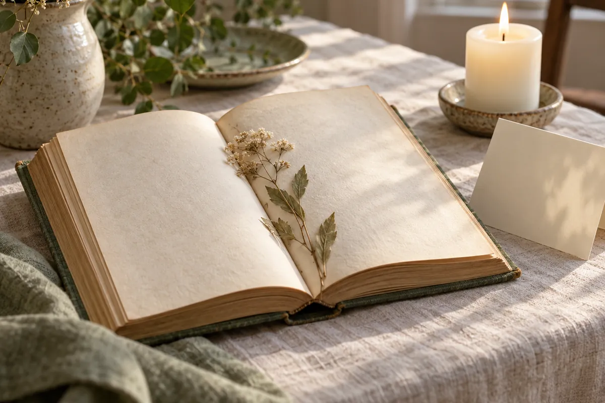 Old cloth-bound book open with a pressed flower, beside a lit candle and a blank card on a linen cloth