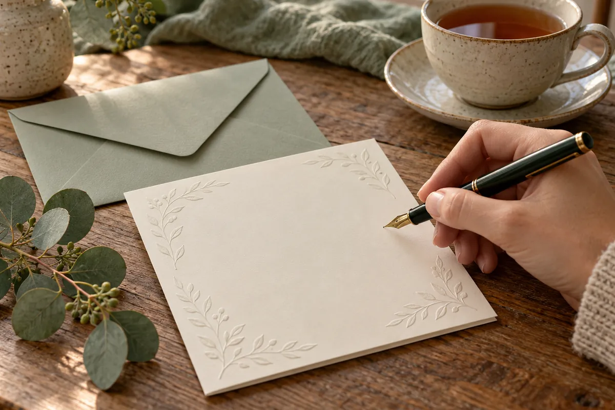 Hand with a fountain pen over a blank leaf-embossed card, sage envelope, eucalyptus and a cup of tea