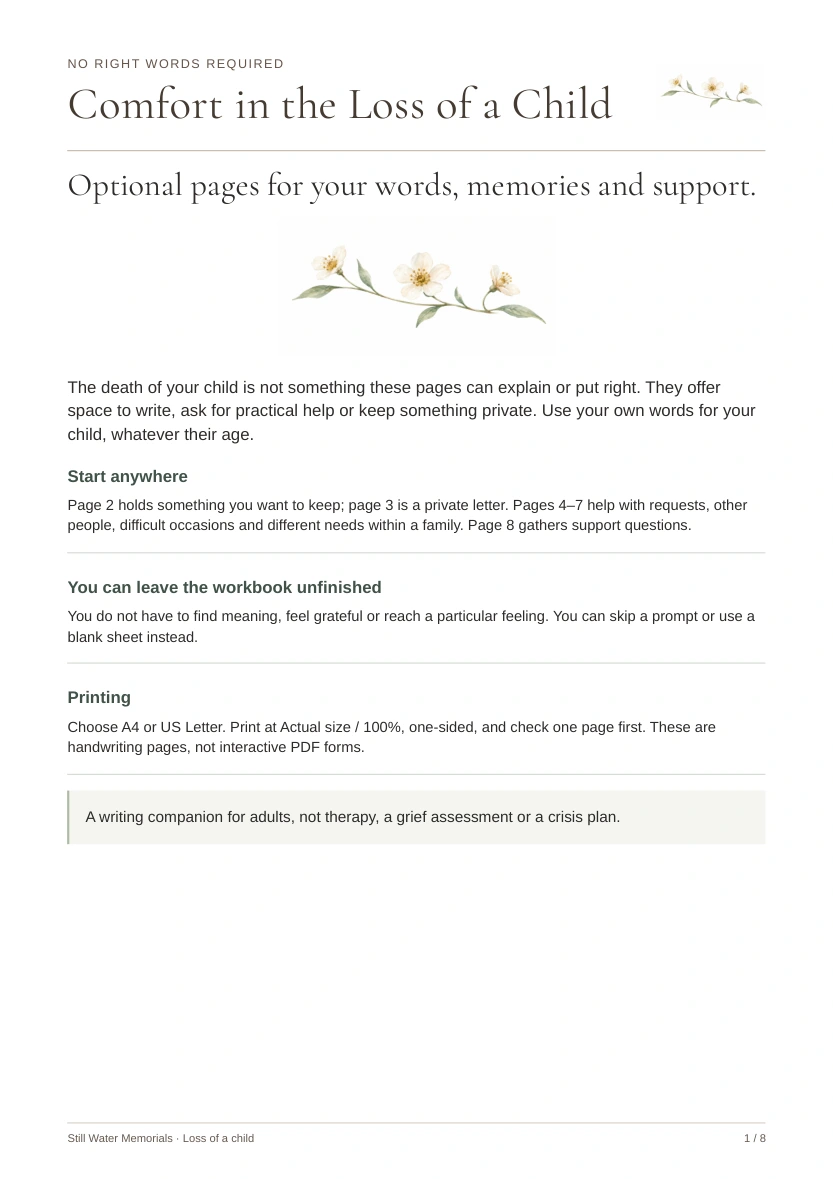 Comfort in the Loss of a Child — Optional pages for your words, memories and support
