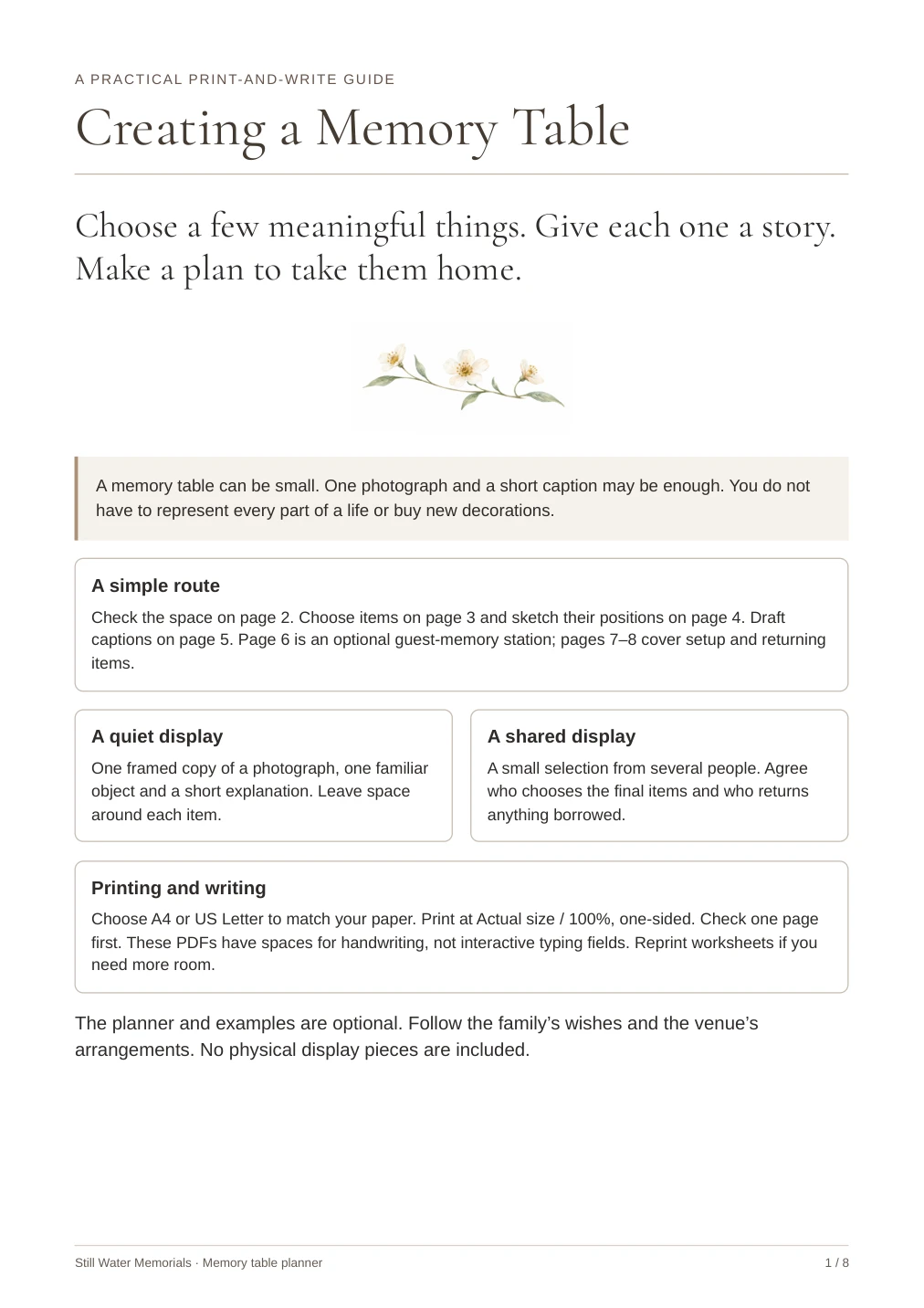 Creating a Memory Table — An eight-page planner for a personal remembrance display