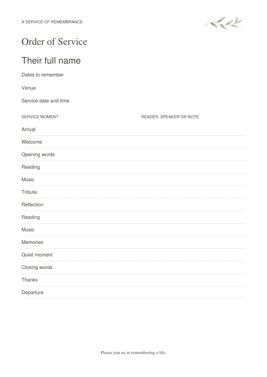Funeral Order of Service Insert — A simple service sheet with 32 editable text fields