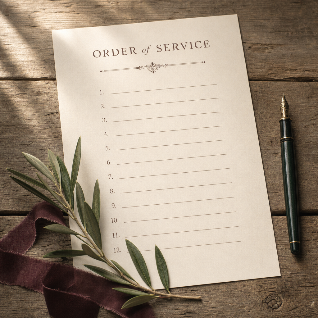 Funeral Order of Service Insert — Single-page service order with speaker fields