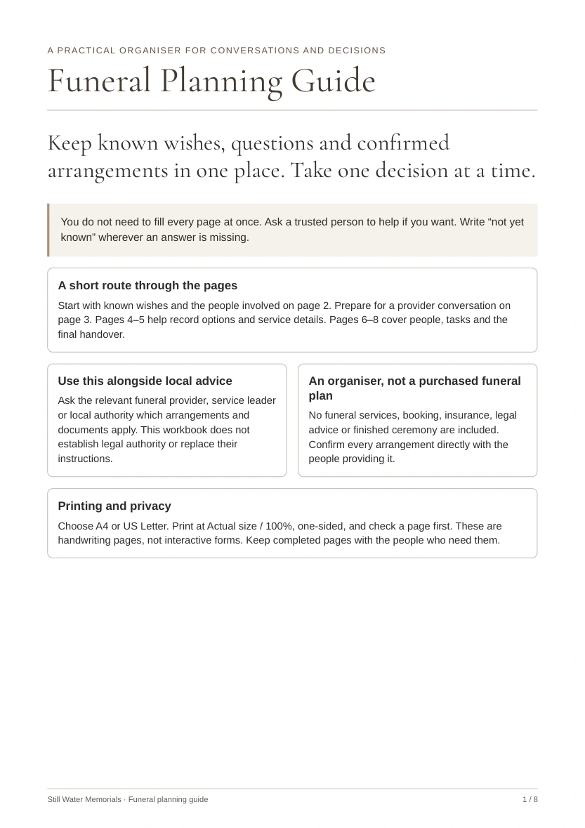 Funeral Planning Guide — Keep wishes, questions and confirmed arrangements together