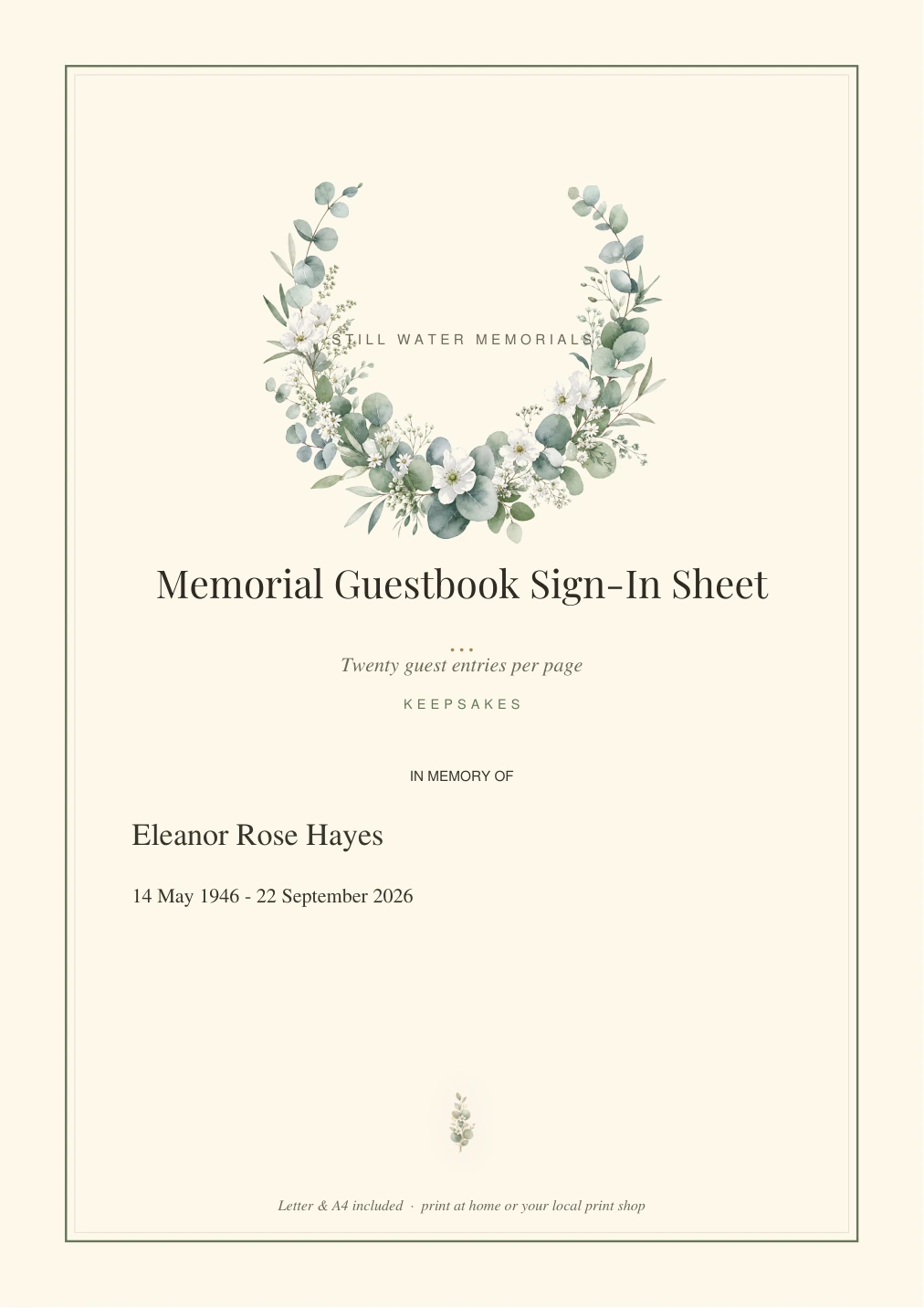 Memorial Guestbook Sign-In Sheet — Twenty guest entries per page