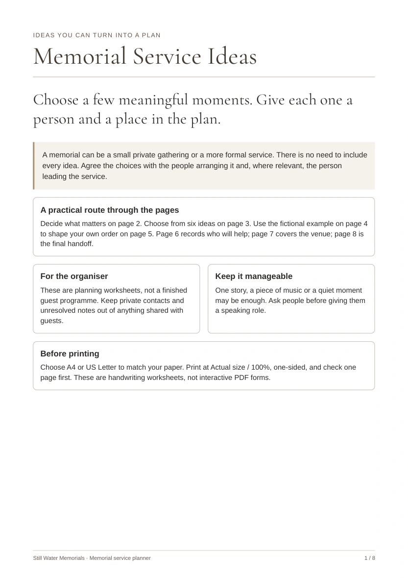 Memorial Service Ideas — Six ideas, a worked example and a plan for the gathering