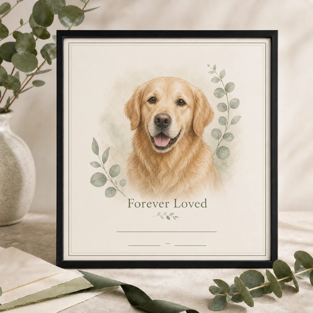 Personalised Pet Memorial Portrait — Framed Print — A calm 11×14 remembrance portrait for a much-loved companion