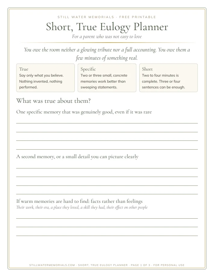 Page one of the Short, True Eulogy Planner: three guiding words and lines to write a first memory